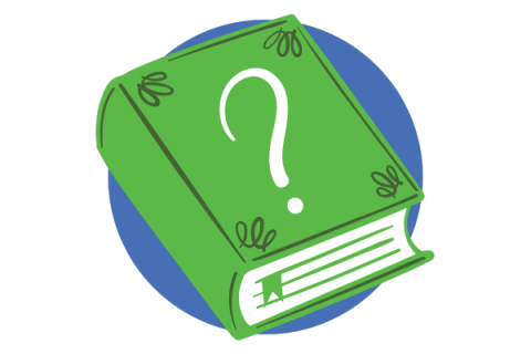 A green book with a white question mark on the cover set over a blue circle