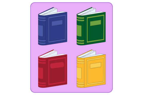 Four similar books of different colors on a lavender background. One of the books has a slightly different design.