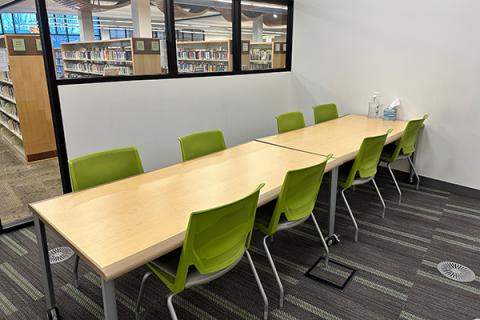 A rectangular, interior room with a rectangular table and 8 green chairs. The room has a row of windows that open to the audio book collection and two doors: one leads to the A/V collection and one to the Youth Services area of the library.