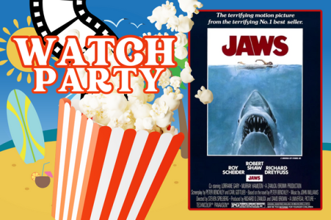 Text that reads "Watch Party" on beach background with popcorn next to Jaws poster