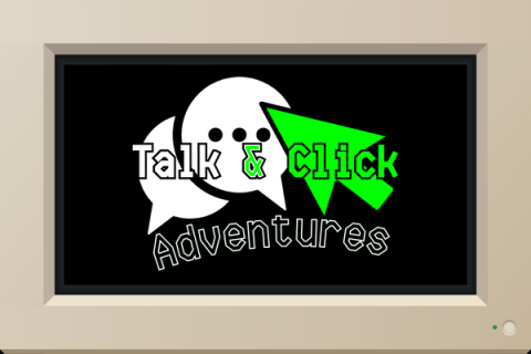 An old-school computer monitor with the Talk & Click Adventures logo on it (text on top of white speech bubbles and a green cursor)