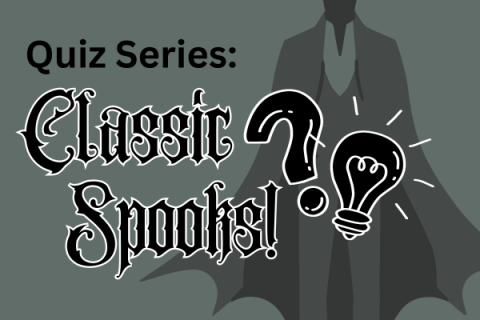 Classic Spooks Quiz logo on top of a silhouette of a vampire (logo reads "Quiz Series: Classic Spooks" next to a graphic of a questions mark and light bulb)