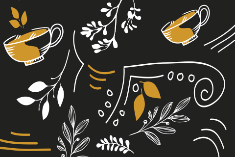 white and gold doodles of leaves and tea cups on black background