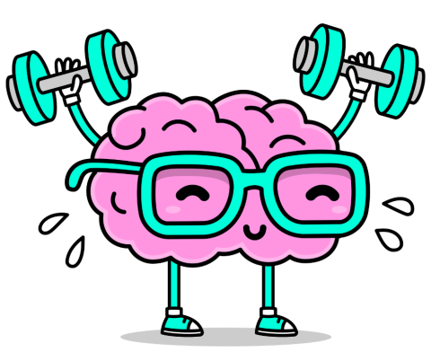 cartoon illustration of brain wearing glasses and lifting dumbbells