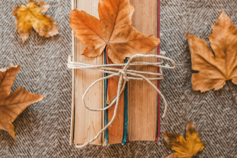 three books bound with twine with brown fall leaves scattered around