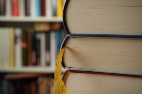 stack of three books in foreground with bookcases in background