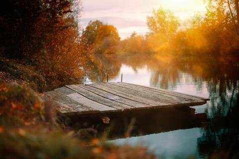 photo of small lake or pond with dock and fall foliage trees bathed in diffused 