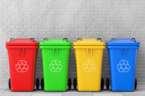 colorful recycling trash cans lined up against a white wall in order of red, green, yellow, and blue from left to right