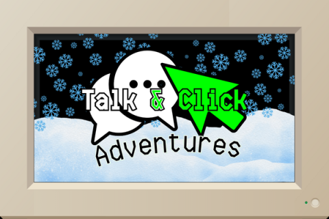 An old-school computer monitor with snow inside the monitor screen and the Talk & Click Adventures logo in front of the snow. (text on top of white speech bubbles and a green cursor)