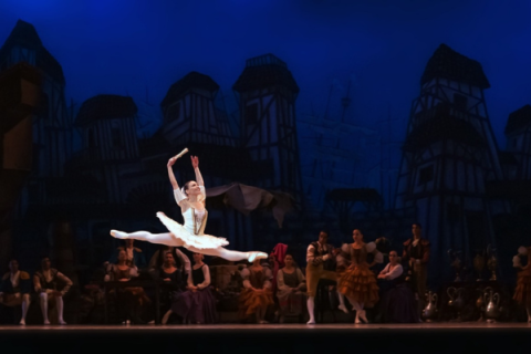 a costumed ballerina wearing tutu, leaps in the air during a theatrical production with other dancers visible behind her