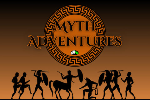 Stylized text that reads "Myth Adventures" on top of a circular Greek meander pattern. Below is a series of Greco-Roman silhouettes. Background is a gradient that goes from black at the top to orange-brown at the bottom.