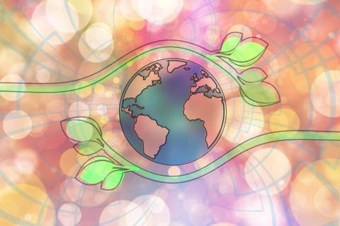 artistic rendering of globe surrounded by two curved green vines against a bright patterned background