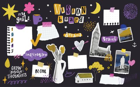 vision board colorful collage elements against black background