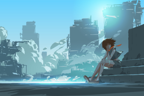 anime scene of a figure sitting on steps outside with futuristic city visible in background