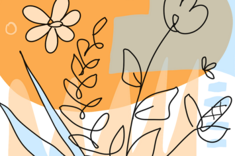 black line floral doodles overlaying muted abstract background shapes