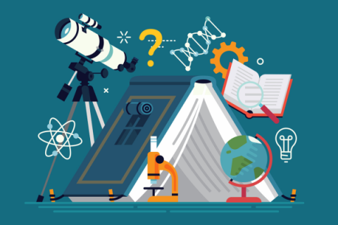 illustration of a book opened like a tent surrounded by science equipment and themes like a telescope, microscope, atom, DNA helix, etc.