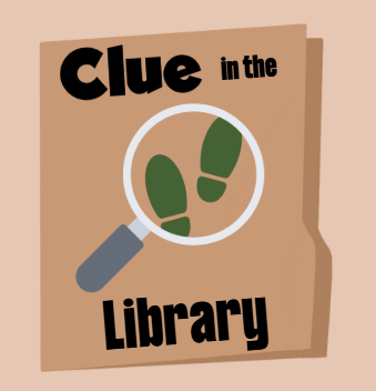 Clue in the library is read along side images of a folder, footprints, and a magnifying glass.