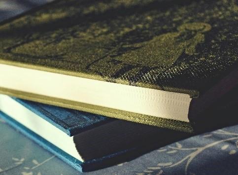 A close-up of a book with a green cover laying on top of a book with a blue cover