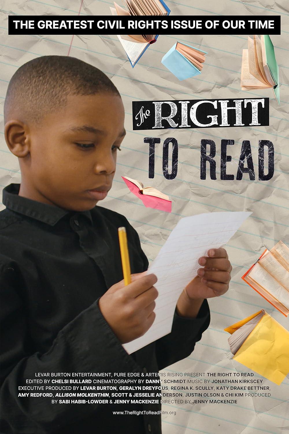 film poster with image of young African American boy holding pencil and paper. Poster shows film title "The Right to Read" and the subtitle "The Greatest Civil Rights Issue of Our Time"