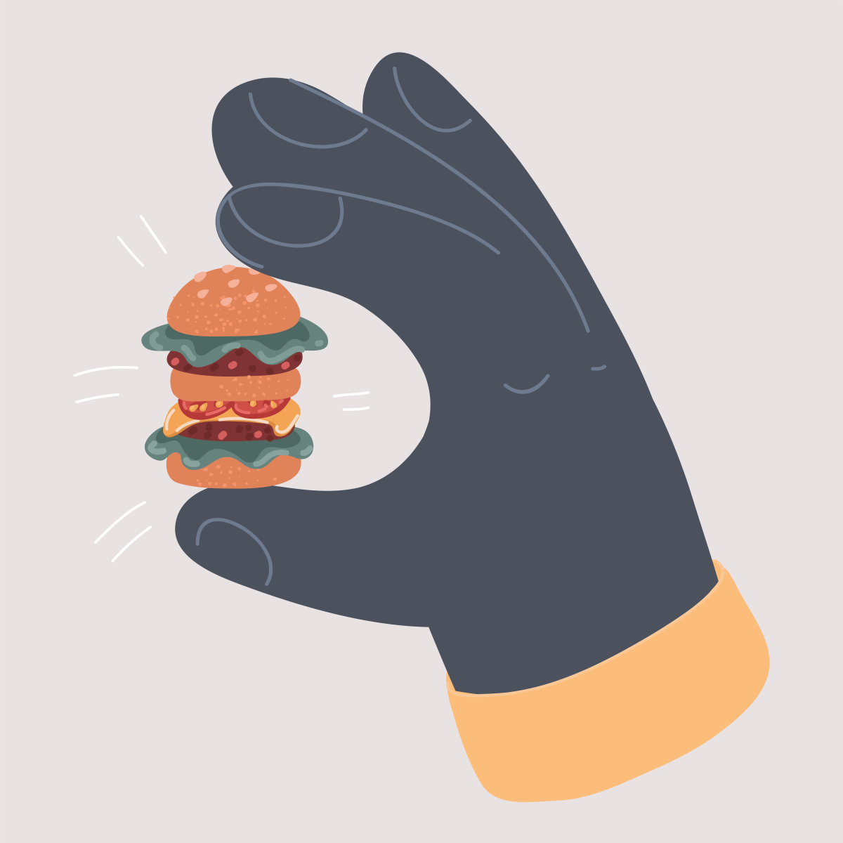 Illustration of a gloved hand holding a tiny double stack hamburger 