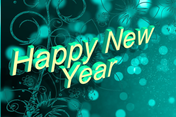 text "Happy New Year" against a green/blue background with bokeh and other patterned effects