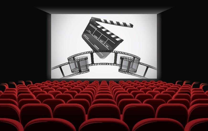 Empty theater with film and clapboard showing on screen.