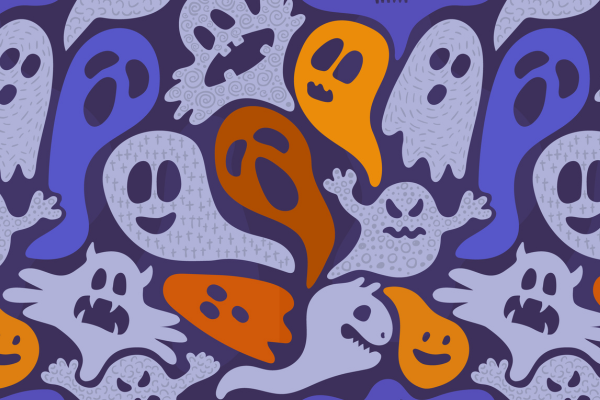 colorful ghosts and ghouls in shades of purple, orange, and grey