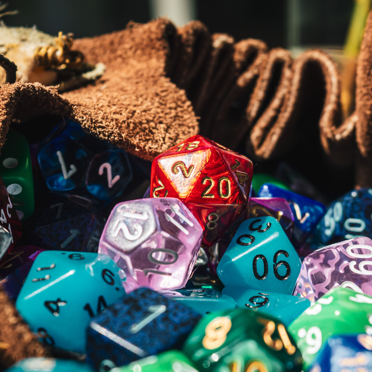 Various sided die in a dice bag